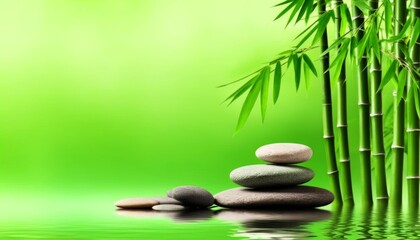 a green background for relaxation, bamboo stalks in the reflection of water and smooth dark oval-shaped stones. a background for relaxation and relaxation, for the presentation of goods
