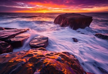 Fototapeta premium vibrant sunset over rocky shore highlighting powerful waves dramatic ocean scenery, beach, rocks, horizon, colors, landscape, sky, nature, coast, water