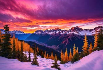 Obraz premium breathtaking sunrise over majestic mountains vibrant colors illuminating sky landscape, captivating, dawn, daylight, dramatic, early, elevation, escape