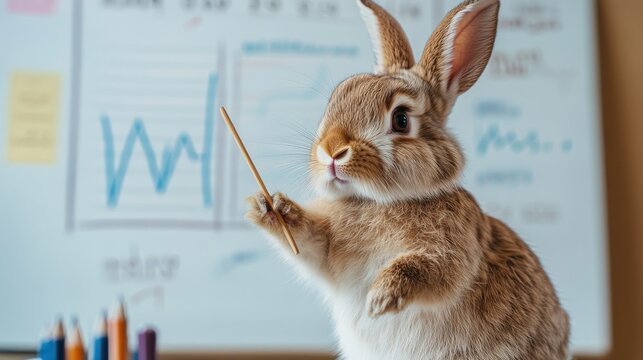 A rabbit enthusiastically engages the audience while presenting data using a pointer in a classroom filled with colorful stationery
