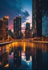 Fototapeta premium stunning vibrant urban skyline dusk glowing bright city lights colorful reflections, architecture, buildings, illumination, night, landscape, horizon, modern