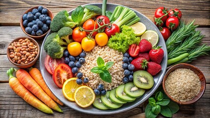 A balanced plate with healthy food, including fruits, vegetables, and whole grains