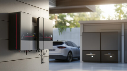Nowoczesne akumulatory zamontowane na ścianie garażu, służące jako magazyn alternatywnej energii elektrycznej.