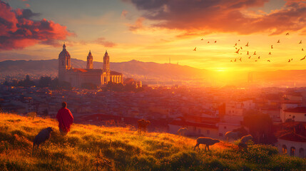 Naklejka premium una persona admirando un hermoso paisaje de un pueblo rodeado de naturaleza con un cielo majestuoso al atardecer