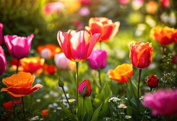 close view vibrant garden filled bright flowers lush green textures, nature, petals, greenery, colors, bloom, flora, landscape, sunlight, seasonal