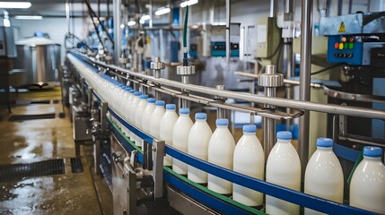 A milk bottle filling line in a dairy product factory plant. The line is filled with clear milk bottles. There is a conveyor belt that transports the filled bottles to the next stage of the production