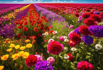 vibrant flower fields under bright sunny blue sky colorful blooms lush greenery spreading across landscape, blooming, flowers, nature, petals, flora, garden