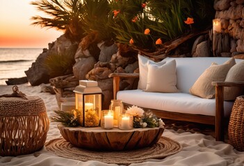 charming seaside setup featuring cozy decor enchanting ambiance soft lighting natural elements, beach, ocean, waves, sunset, furniture, table, chairs