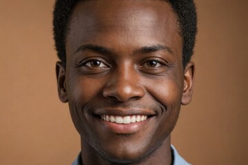 Obraz premium Full framed very close face portrait of a smiling 40s african non binary with brown eyes looking at the camera, studio shot,brown background.