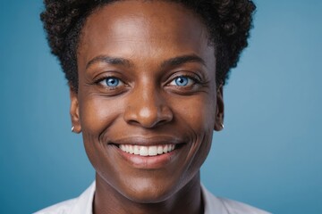Obraz premium Full framed very close face portrait of a smiling 40s african non binary with blue eyes looking at the camera, studio shot,blue background.