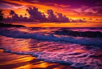 Fototapeta premium vibrant coastal sunset silhouetted waves palm leaves reflecting golden sky, beach, reflection, colors, light, orange, yellow, blue, clouds, nature, beauty