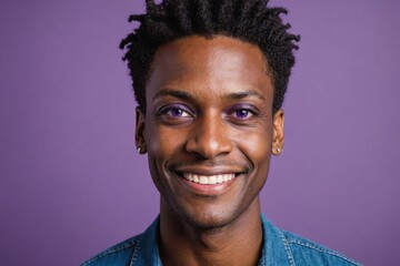 Full framed very close face portrait of a smiling 40s african non binary with violet eyes looking...