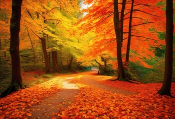 Fototapeta premium vibrant autumn leaves carpet serene forest path surrounded majestic trees soft natural light, nature, scenery, colors, landscape, foliage, woods, sunlight