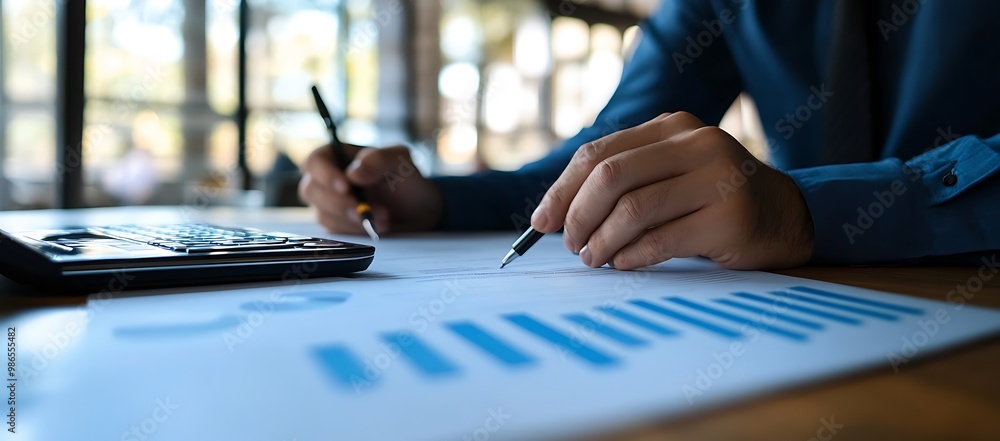 Poster businessperson analyzing data with graphs and calculator