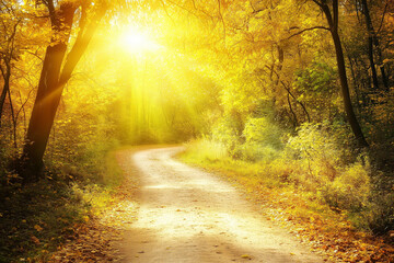 Obraz premium Winding forest path illuminated by warm autumn sunlight