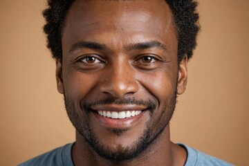 Obraz premium Full framed very close face portrait of a smiling 40s african american man with hazel eyes looking at the camera, studio shot,hazel background.