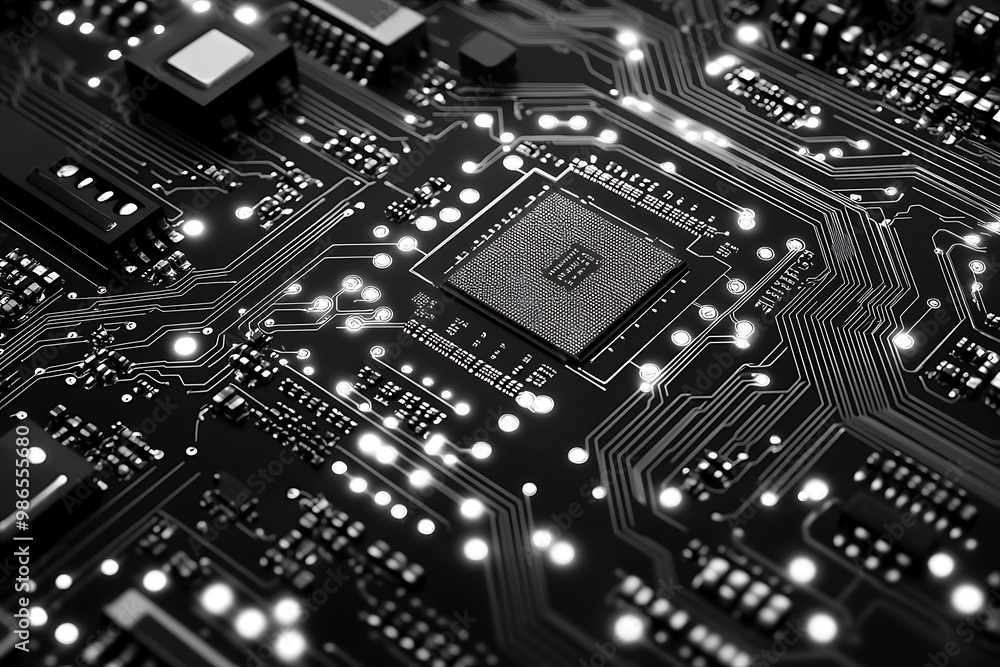 Poster closeup of a cpu on a motherboard with circuitry and leds
