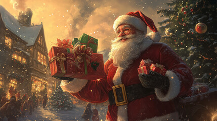 Święty Mikołaj z radosnym uśmiechem rozdaje prezenty dzieciom, które z niecierpliwością czekają w oknie.