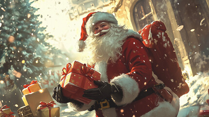 Święty Mikołaj z radosnym uśmiechem rozdaje prezenty dzieciom, które z niecierpliwością czekają w oknie.