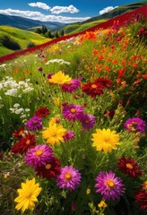 Obraz premium vibrant seasonal flowers blanketing serene valley surrounded lush greenery clear blue skies, abundance, blooms, botanical, bright, cheerful, colors
