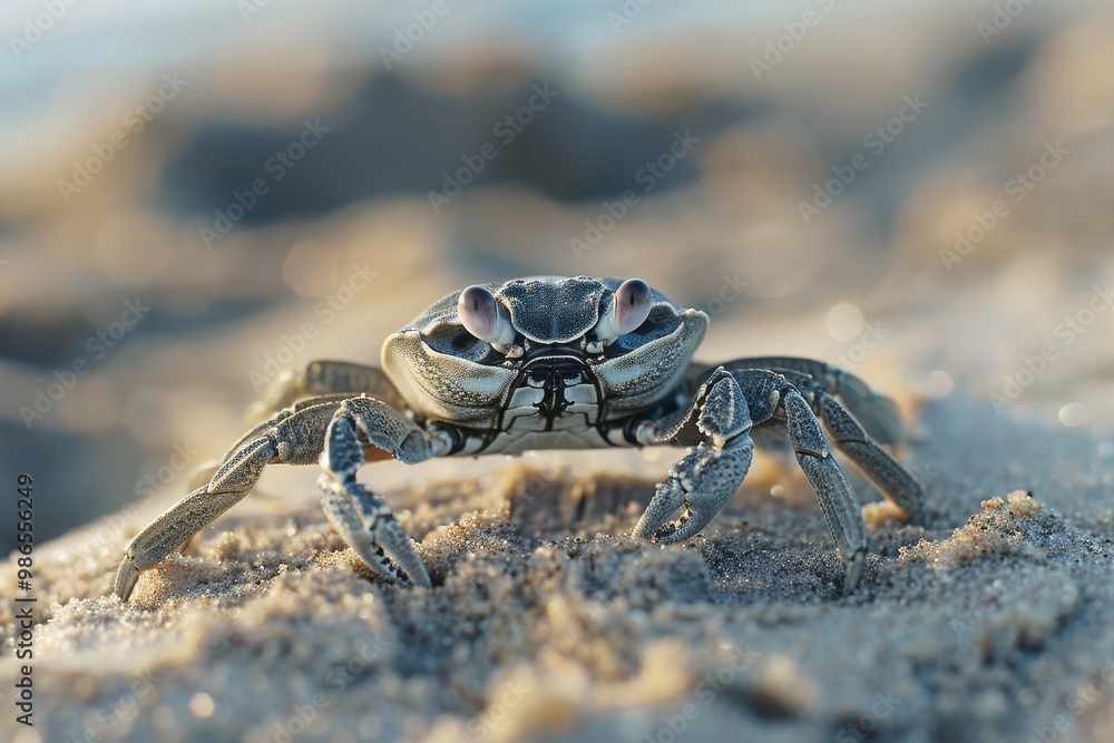 Aufkleber a close-up view of a tiny crab walking on a sandy beach during early morning light at a coastal loca