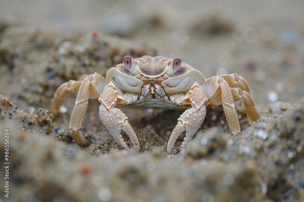 Aufkleber a close-up view of a tiny crab walking on a sandy beach during early morning light at a coastal loca