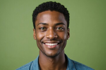 Obraz premium Full framed very close face portrait of a smiling 40s african american non binary with green eyes looking at the camera, studio shot,green background.