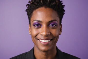 Obraz premium Full framed very close face portrait of a smiling 40s african american non binary with violet eyes looking at the camera, studio shot,violet background.