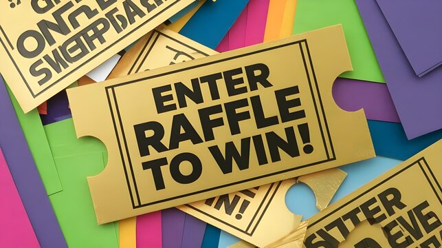 A golden raffle ticket with the text "Enter RAFFLE to WIN!" boldly printed on it. The ticket is surrounded by vibrant colors.