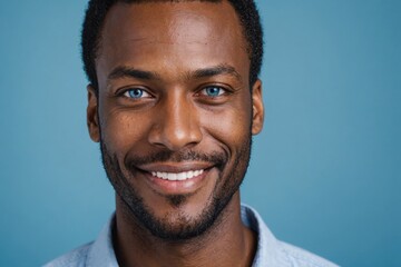 Obraz premium Full framed very close face portrait of a smiling 40s black man with blue eyes looking at the camera, studio shot,blue background.