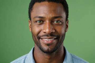 Obraz premium Full framed very close face portrait of a smiling 40s black man with green eyes looking at the camera, studio shot,green background.