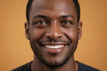 Obraz premium Full framed very close face portrait of a smiling 40s black man with amber eyes looking at the camera, studio shot,amber background.