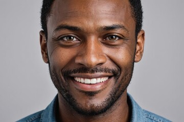Full framed very close face portrait of a smiling 40s black man with gray eyes looking at the camera, studio shot,gray background.