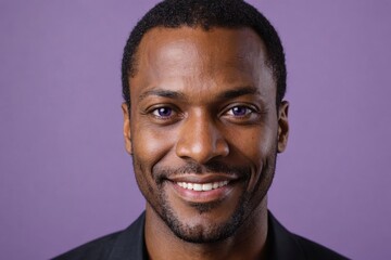 Fototapeta premium Full framed very close face portrait of a smiling 40s black man with violet eyes looking at the camera, studio shot,violet background.