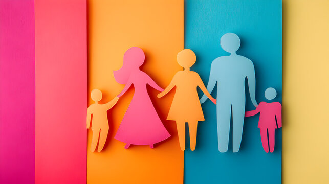 una familia tradicional hecha de papel de colores sobre un fondo colorido con espacio de copia grupo familiar representando unidad amor y seguridad