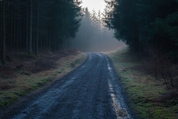Fototapeta premium Tranquil forest path winding through misty trees at dawn in a serene natural setting