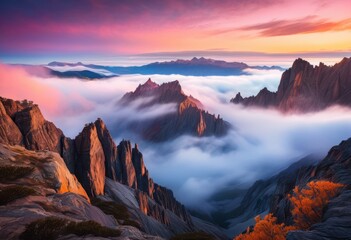 breathtaking mountain peaks illuminated sunrise surrounded enveloping mist creating stunning natural landscape, nature, scenery, sky, clouds, light, fog