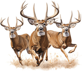 three White-tailed Deer - Odocoileus virginianus  in motion, full body, front view in a PNG,  nature-themed, isolated, and transparent photorealistic illustration. Generative ai
