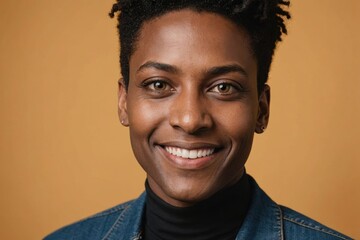 Obraz premium Full framed very close face portrait of a smiling 40s black non binary with amber eyes looking at the camera, studio shot,amber background.