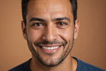 Obraz premium Full framed very close face portrait of a smiling 40s latin man with hazel eyes looking at the camera, studio shot,hazel background.
