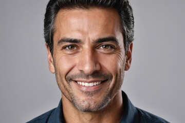 Obraz premium Full framed very close face portrait of a smiling 40s latin man with gray eyes looking at the camera, studio shot,gray background.