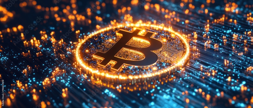Poster bitcoin symbol on circuit board