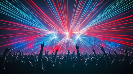 A large crowd of people with their arms raised in the air at a concert with red and blue laser lights in the background.