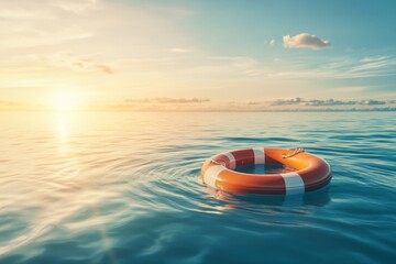 Obraz premium Hopeful lifebuoy floating on sea with sun rays and ample copy space for your message