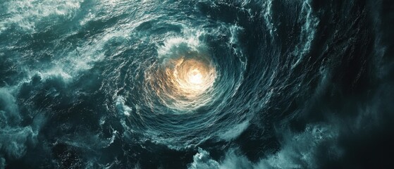 A dramatic view of a swirling vortex in the ocean under a bright sky capturing the power of nature in motion