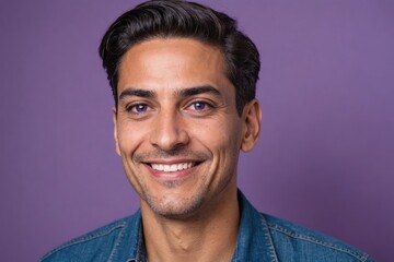 Obraz premium Full framed very close face portrait of a smiling 40s latin non binary with violet eyes looking at the camera, studio shot,violet background.