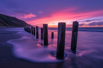 Ethereal twilight landscape featuring wood posts resembling sculptures in a long exposure shot