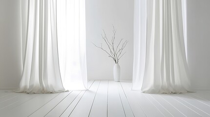 Serene Minimalist Interior with Flowing White Curtains and Soft Diffused Light A Tranquil Aesthetic