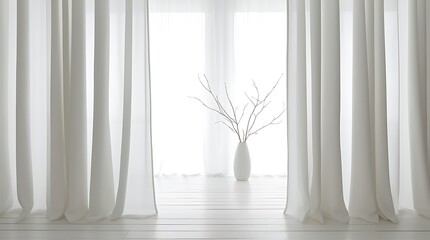 Serene Minimalist Interior with Flowing White Curtains and Soft Diffused Light A Tranquil Aesthetic