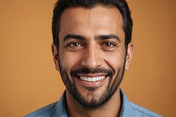 Fototapeta premium Full framed very close face portrait of a smiling 40s arabic man with amber eyes looking at the camera, studio shot,amber background.